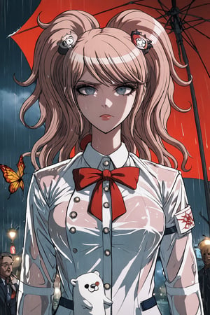  (perfect anatomy, perfect proportions, high definition, good colors, european, two young girls, masterpiece, best quality, the fir and the girl are very much in love, both are 16 years old. Under the rain, the girl wears a black raincoat and a pink miniskirt underneath, and the girl wears a blue red top and a white miniskirt, the girl is in the street at night ((by the bus station)) an extremely sad and emotional scene where she is about to break up with her lover, her hands part from each other, shooting from outside, woman about to be alone, rain, ((terminal mass)), soaked, distorted, both, facing the viewer, visible to the viewer, living night, shooting star, red butterflies, ghosts,score_9,score_8_up,score_7_up,source_anime,JUNKO ENOSHIMA,transparent raincoat, red ribbon, bear hair elastic, bear face, white bear, kuma, red sky,official art, school uniform