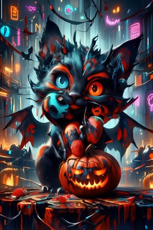 Masterpice, extremely detailed, highest quality, Paint a Black cat, Blue eyed, bat winged cute cat and his owner boy eating  pumpkin ice and eye Ball cream in wonderfull ghost city,  extremely detailed, masterpice, perfect anatomy, utlra-detalied backround, big  pumpkin wings, creepy pumpkins, 1boy, humanoid, vampire, pet owner, smile strawberries, harmony of irregular dissimilarity beauty cat eye,ElectDreDysto,niji,DarkWitch 