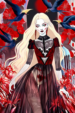 a beautiful sexy young woman, stoic and crazy, long blonde bloody hair, pale soft bloody skin,lace torn sexy dress, soft colors, background with monster birds, winged candies and creepy monster flowers,intricate details, chaotic atmosphere, corruption magic spiece,