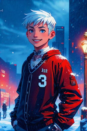 (((perfect pixels, perfect details))), alone, 1 boy, handsome,cute erotic face,  smile, silver cross necklace around the neck, short hair, white hair, hair on one side, spiky hair, pixie cut light beautyfull blue eyes,ABC,no pants, big penis, in a city snowfall,nodf_lora,blue eyes,  many winged skeltonheads in the red sky.,kidz