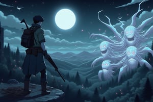 A dark and foreboding scene unfolds: a lone figure, dressed in rugged attire, stands atop an ancient castle wall overlooking a dense forest. He grips a sawed-off shotgun with macho confidence. In the distance, a demonic presence lurks amidst the trees, its ethereal glow illuminated by the full moon's silvery light. A faint aura of death hangs heavy in the air as the sound of children's screams echo through the darkness, muffled and distant.,tshee00d,vector style,firefliesfireflies,Illustration,night sky