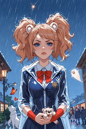  (perfect anatomy, perfect proportions, high definition, good colors, european, two young girls, masterpiece, best quality, the fir and the girl are very much in love, both are 16 years old. Under the rain, the girl wears a black raincoat and a pink miniskirt underneath, and the girl wears a blue red top and a white miniskirt, the girl is in the street at night ((by the bus station)) an extremely sad and emotional scene where she is about to break up with her lover, her hands part from each other, shooting from outside, woman about to be alone, rain, ((terminal mass)), soaked, distorted, both, facing the viewer, visible to the viewer, living night, shooting star, red butterflies, ghosts,score_9,score_8_up,score_7_up,source_anime,JUNKO ENOSHIMA,transparent raincoat, red ribbon, bear hair elastic, bear face, white bear, kuma, red sky,official art, school uniform