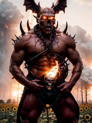 A close up fantastic image of a boy containing the entire galaxy inside of his, as he stands in a bloody sunflower field in summer at sunset, a soft aura surrounding his, and creepy black demon birds flying around him.,anime,Eyes,Beautiful eyes,oiled skin,shiny skin,wet skin,Khorne_World,(skulls), chain, spikes, fantasy, fire, red glow, red theme