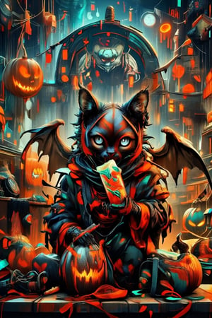 Paint a Black cat, Blue eyed, bat winged cute cat and his owner boy eating  pumpkin ice and eye Ball cream in wonderfull ghost city,  extremely detailed, masterpice, perfect anatomy, utlra-detalied backround, big  pumpkin wings, creepy pumpkins, 1boy, humanoid, vampire, pet owner, smile strawberries, harmony of irregular dissimilarity beauty cat eye,ElectDreDysto,niji,DarkWitch 