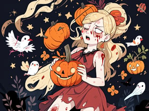 a beautiful sexy young woman, stoic and crazy, long blonde bloody hair, pale soft bloody skin,lace torn sexy dress, soft colors, background with monsters birds, winged candies and creepy monster flowers,intricate details, chaotic atmosphere, corruption magic pumpkin spiece,halloween,1girl halloween, NYIllustrationHalloween