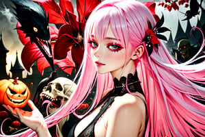 a beautiful sexy young woman, stoic and crazy, long blonde bloody hair, pale soft bloody skin,lace torn sexy dress, soft colors, background with monsters birds, winged candies and creepy monster flowers,intricate details, chaotic atmosphere, corruption magic pumpkin spiece 