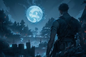 A dark and foreboding scene unfolds: a lone figure, dressed in rugged attire, stands atop an ancient castle wall overlooking a dense forest. He grips a sawed-off shotgun with macho confidence. In the distance, a demonic presence lurks amidst the trees, its ethereal glow illuminated by the full moon's silvery light. A faint aura of death hangs heavy in the air as the sound of children's screams echo through the darkness, muffled and distant.,tshee00d,vector style,firefliesfireflies,Illustration,night sky