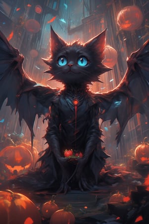 Masterpice, extremely detailed, highest quality, Paint a Black cat, Blue eyed, bat winged cute cat and his owner boy eating  pumpkin ice and eye Ball cream in wonderfull ghost city,  extremely detailed, masterpice, perfect anatomy, utlra-detalied backround, big  pumpkin wings, creepy pumpkins, 1boy, humanoid, vampire, pet owner, smile strawberries, harmony of irregular dissimilarity beauty cat eye,ElectDreDysto,niji,DarkWitch,Sparkle Glowing 