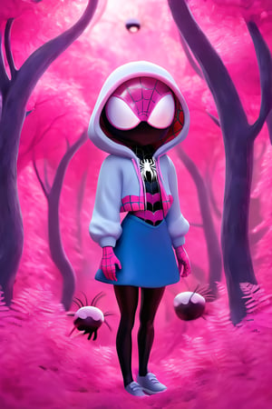 Neurotic bloody spiral chaos is cute girl true identity in the lovely pinky spider forest.,masterpiece,highly detailed,4k,very aesthetic,highres,torino,cute 3D animation style