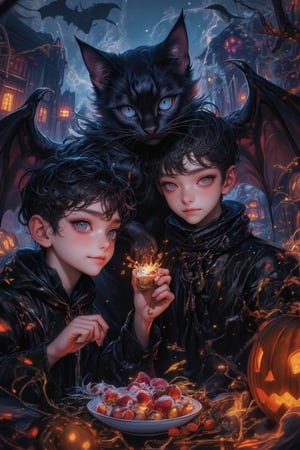 Masterpice, extremely detailed, highest quality, Paint a Black cat, Blue eyed, bat winged cute cat and his owner boy eating  pumpkin ice and eye Ball cream in wonderfull ghost city,  extremely detailed, masterpice, perfect anatomy, utlra-detalied backround, big  pumpkin wings, creepy pumpkins, 1boy, humanoid, vampire, pet owner, smile strawberries, harmony of irregular dissimilarity beauty cat eye,ElectDreDysto,niji,DarkWitch,Sparkle Glowing 