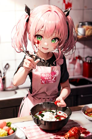 beautiful, 1girl,
(Pink twintail hair:1.2), hair tied up into a bun guilty 
smile, neon green lighting eyes, not T-shirt under bloody white apron, hk_girl, holding a big delicious bloody, meal dish with both hands, kitchen background, bloody walls, lot of human bones, loli, waifu,blurred background