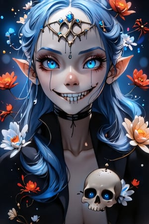 Cutie lovely elf princess( with diamond tiara) sinister visage fills the frame, her piercing gaze fixed on the viewer as extends a eleton head with bleeding blue rose eyes. The ice cold glow of a distant moonlight casts long shadows across her pale complexion, accentuating the sharp contours of his face. His half long blue hair is slicked back, revealing a sharp jawline and a hint of menace in his guilty smile. The composition is tight, with elf princess figure centered in a flame of darkness, drawing the viewer's attention to his enigmatic offer. Winged spiders in the air. Different colored eyes (red and gold) Spider lilies in the background.