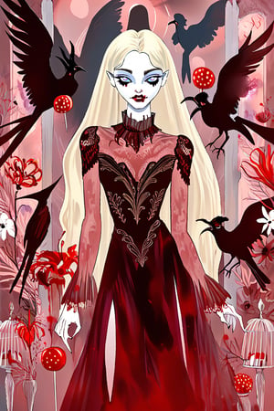 a beautiful sexy young woman, stoic and crazy, long blonde bloody hair, pale soft bloody skin,lace torn sexy dress, soft colors, background with monster birds, winged candies and creepy monster flowers,intricate details, chaotic atmosphere, corruption magic spiece,