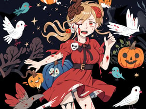 a beautiful sexy young woman, stoic and crazy, long blonde bloody hair, pale soft bloody skin,lace torn sexy dress, soft colors, background with monsters birds, winged candies and creepy monster flowers,intricate details, chaotic atmosphere, corruption magic pumpkin spiece,halloween,1girl halloween, NYIllustrationHalloween