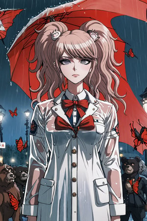  (perfect anatomy, perfect proportions, high definition, good colors, european, two young girls, masterpiece, best quality, the fir and the girl are very much in love, both are 16 years old. Under the rain, the girl wears a black raincoat and a pink miniskirt underneath, and the girl wears a blue red top and a white miniskirt, the girl is in the street at night ((by the bus station)) an extremely sad and emotional scene where she is about to break up with her lover, her hands part from each other, shooting from outside, woman about to be alone, rain, ((terminal mass)), soaked, distorted, both, facing the viewer, visible to the viewer, living night, shooting star, red butterflies, ghosts,score_9,score_8_up,score_7_up,source_anime,JUNKO ENOSHIMA,transparent raincoat, red ribbon, bear hair elastic, bear face, white bear, kuma, red sky,official art, school uniform