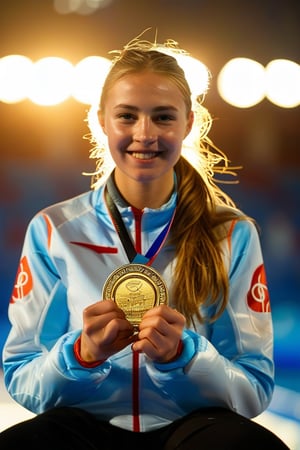 A close-up shot of a determined young Russia woman, sitting confidently with her legs crossed and hands grasping an Olympic medal. Soft, golden light illuminates her face, highlighting her bright smile and gleaming eyes. The background is blurred, focusing attention on the subject's triumphant expression, as if she's about to accept congratulations from teammates or fans.