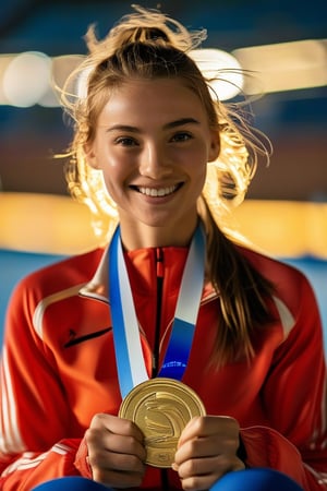 A close-up shot of a determined young woman, sitting confidently with her legs crossed and hands grasping an Olympic medal. Soft, golden light illuminates her face, highlighting her bright smile and gleaming eyes. The background is blurred, focusing attention on the subject's triumphant expression, as if she's about to accept congratulations from teammates or fans.