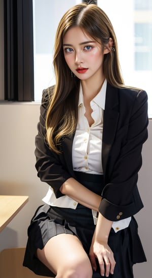 mature sexy Euro-American, mixed American-European girl named lora_claire, blonde long smooth hair, she is an office lady working in Google company, she wears full office lady sexy uniform, ((crisp white button-up shirt, black blazer jacket)), (((black blazer))) with kpop (((half-skirt:1.5))), typically known as skort, which is a clothing fusion made up of skirt and shorts, hands on waist, imagine she is being (sexy sitting pose open her beautiful legs) in front of her boss in a office meeting room