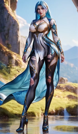 Extremely Realistic, score_6_up, score_7_up, score_8_up, score_9, (wangqiuer, full body shot, torn black pantyhose, high heels, standing, sexy pose, full body in front view direction, facing viewer, blue and white outfit with golden patterns and designs,high neckline and long sleeves, torn black pantyhose, high heels, standing, sexy pose, looking at viewer, mountainous forested shallow lake)