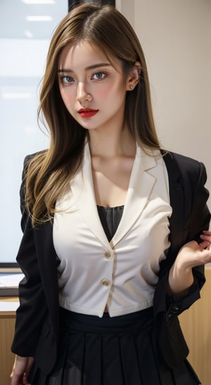 mature sexy Euro-American, mixed American-European girl named lora_claire, blonde long smooth hair, she is an office lady working in Google company, she wears full office lady sexy uniform, ((crisp white button-up shirt, black blazer jacket)), (((black blazer))) with kpop (((half-skirt:1.5))), typically known as skort, which is a clothing fusion made up of skirt and shorts, hands on waist, imagine she is explaining her tasks in front of her boss in a office meeting room