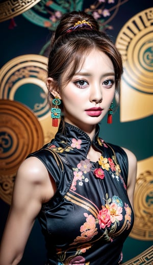 (masterpiece, top quality, best quality, official art, beautiful and aesthetic:1.2), (Tzuyu:1.3), extremely detailed,(fractal art:1.1),(colorful:1.1)(flowers:1.3),highest detailed,(zentangle:1.2), (dynamic pose), (abstract background:1.3), (chinese dress:1.2), (shiny skin), (many colors:1.4), ,(earrings:1.4), perfect light