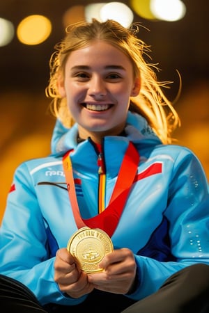 A close-up shot of a determined young Russia woman, sitting confidently with her legs crossed and hands grasping an Olympic medal. Soft, golden light illuminates her face, highlighting her bright smile and gleaming eyes. The background is blurred, focusing attention on the subject's triumphant expression, as if she's about to accept congratulations from teammates or fans.