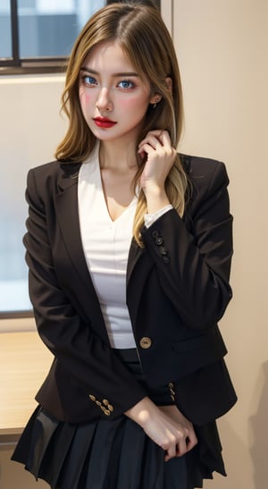 mature sexy Euro-American, mixed American-European girl named lora_claire, blonde long smooth hair, she is an office lady working in Google company, she wears full office lady sexy uniform, crisp white button-up shirt, black blazer jacket, (((black blazer:1.4))) with kpop (((half-skirt:1.5))), typically known as skort, which is a clothing fusion made up of skirt and shorts, hands on waist, imagine she is explaining her tasks in front of her boss in a office meeting room