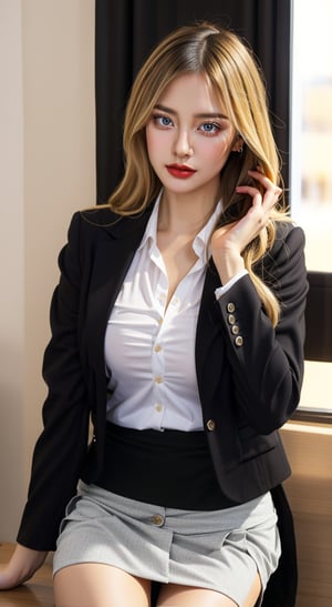 mature sexy Euro-American, mixed American-European girl named lora_claire, blonde long smooth hair, she is an office lady working in Google company, she wears full office lady sexy uniform, ((crisp white button-up shirt, black blazer jacket)), (((black blazer))) with kpop (((half-skirt:1.5))), typically known as skort, which is a clothing fusion made up of skirt and shorts, hands on waist, imagine she is explaining her tasks in front of her boss in a office meeting room