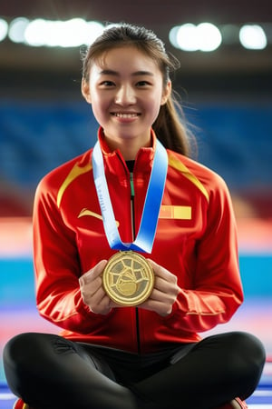 A close-up shot of a determined young Asian woman, sitting confidently with her legs crossed and hands grasping an Olympic medal. Soft, golden light illuminates her face, highlighting her bright smile and gleaming eyes. The background is blurred, focusing attention on the subject's triumphant expression, as if she's about to accept congratulations from teammates or fans.