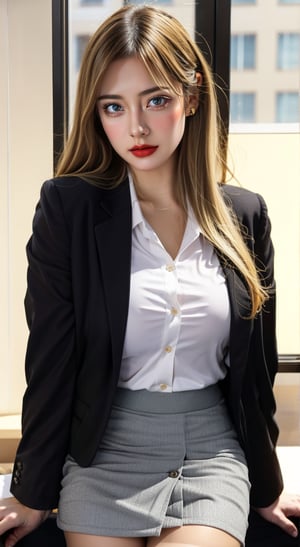 mature sexy Euro-American, mixed American-European girl named lora_claire, blonde long smooth hair, she is an office lady working in Google company, she wears full office lady sexy uniform, ((crisp white button-up shirt, black blazer jacket)), (((black blazer))) with kpop (((half-skirt:1.5))), typically known as skort, which is a clothing fusion made up of skirt and shorts, hands on waist, imagine she is explaining her tasks in front of her boss in a office meeting room