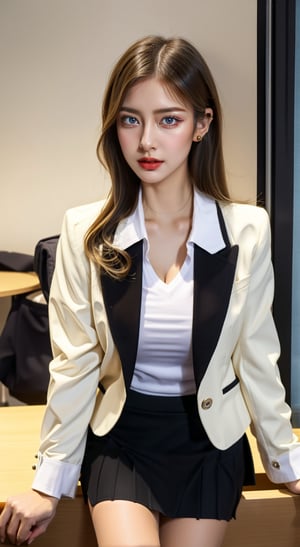 mature sexy Euro-American, mixed American-European girl named lora_claire, blonde long smooth hair, she is an office lady working in Google company, she wears full office lady sexy uniform, (((office lady clothes, white collar shirt, black blazer jacket))), (((black blazer jacket:1.4))) with kpop (((half-skirt:1.5))), typically known as skort, which is a clothing fusion made up of skirt and shorts, hands on waist, imagine she is explaining her tasks in front of her boss in a office meeting room