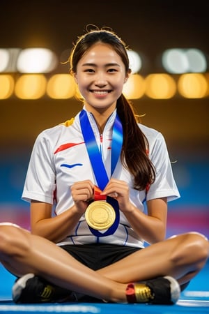 A close-up shot of a determined young Asian woman, sitting confidently with her legs crossed and hands grasping an Olympic medal. Soft, golden light illuminates her face, highlighting her bright smile and gleaming eyes. The background is blurred, focusing attention on the subject's triumphant expression, as if she's about to accept congratulations from teammates or fans.