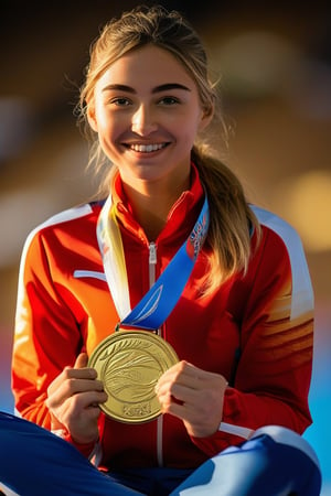 A close-up shot of a determined young woman, sitting confidently with her legs crossed and hands grasping an Olympic medal. Soft, golden light illuminates her face, highlighting her bright smile and gleaming eyes. The background is blurred, focusing attention on the subject's triumphant expression, as if she's about to accept congratulations from teammates or fans.