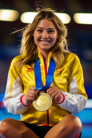 A close-up shot of a determined young America woman, sitting confidently with her legs crossed and hands grasping an Olympic medal. Soft, golden light illuminates her face, highlighting her bright smile and gleaming eyes. The background is blurred, focusing attention on the subject's triumphant expression, as if she's about to accept congratulations from teammates or fans.