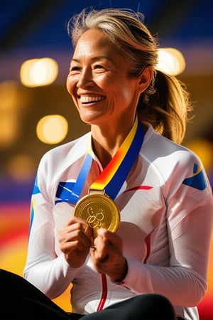 A close-up shot of a determined 35 years old mature woman, sitting confidently with her legs crossed and hands grasping an Olympic medal. Soft, golden light illuminates her face, highlighting her bright smile and gleaming eyes. The background is blurred, focusing attention on the subject's triumphant expression, as if she's about to accept congratulations from teammates or fans.