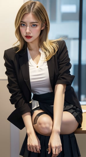 mature sexy Euro-American, mixed American-European girl named lora_claire, blonde long smooth hair, she is an office lady working in Google company, she wears full office lady sexy uniform, crisp white button-up shirt, black blazer jacket, (((black blazer:1.4))) with kpop (((half-skirt:1.5))), typically known as skort, which is a clothing fusion made up of skirt and shorts, hands on waist, imagine she is explaining her tasks in front of her boss in a office meeting room