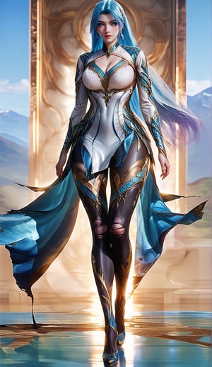 Extremely Realistic, score_6_up, score_7_up, score_8_up, score_9, (wangqiuer, full body shot, torn black pantyhose, high heels, standing, sexy pose, full body in front view direction, facing viewer, blue and white outfit with golden patterns and designs,high neckline and long sleeves, torn black pantyhose, high heels, standing, sexy pose, looking at viewer, mountainous forested shallow lake)