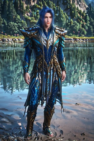 Extremely Realistic, score_9, score_8_up, score_7_up,realistic, tang_san,1boy, male focus, blue long hair, blue eyes, blue hair, looking at viewer, belt, standing, armor, full body, full-length view, mountainous forested shallow lake