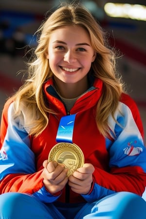 A close-up shot of a determined young Russia woman, sitting confidently with her legs crossed and hands grasping an Olympic medal. Soft, golden light illuminates her face, highlighting her bright smile and gleaming eyes. The background is blurred, focusing attention on the subject's triumphant expression, as if she's about to accept congratulations from teammates or fans.