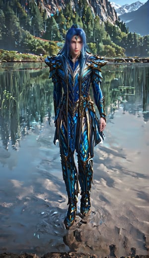 Extremely Realistic, score_9, score_8_up, score_7_up,realistic, tang_san,1boy, male focus, blue long hair, blue eyes, blue hair, looking at viewer, belt, standing, armor, full body, full-length view, mountainous forested shallow lake