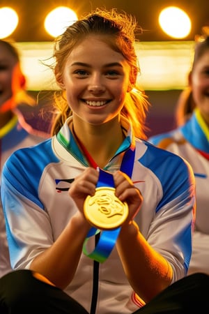 A close-up shot of a determined young woman, sitting confidently with her legs crossed and hands grasping an Olympic medal. Soft, golden light illuminates her face, highlighting her bright smile and gleaming eyes. The background is blurred, focusing attention on the subject's triumphant expression, as if she's about to accept congratulations from teammates or fans.