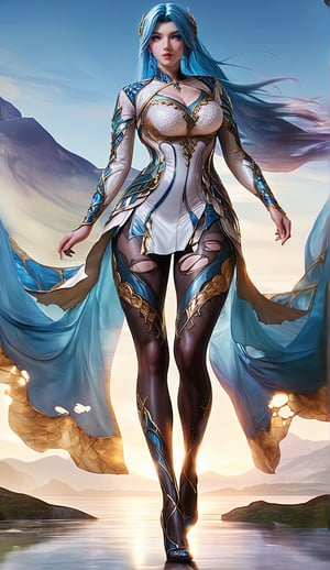 Extremely Realistic, score_6_up, score_7_up, score_8_up, score_9, (wangqiuer, full body shot, torn black pantyhose, high heels, standing, sexy pose, full body in front view direction, facing viewer, blue and white outfit with golden patterns and designs,high neckline and long sleeves, torn black pantyhose, high heels, standing, sexy pose, looking at viewer, mountainous forested shallow lake), (sexy pose:1.6)