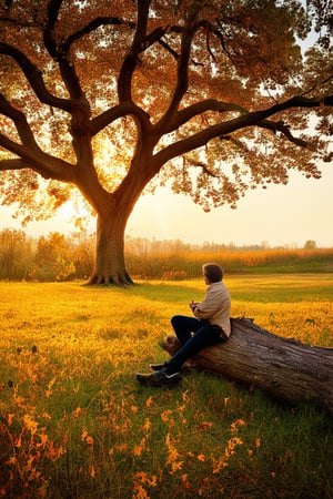 A serene autumn afternoon scene: a majestic oak tree stands tall in a lush meadow, its branches stretching towards the warm golden light of sunset. The air is crisp with the scent of ripe fruit and decaying leaves. A solitary figure, dressed in earthy tones, sits on a fallen log, hands clasped in contemplation, surrounded by nature's vibrant hues.