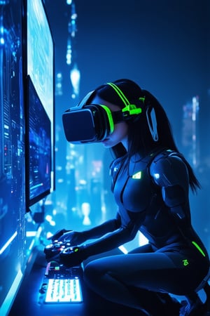 A gamer's paradise: A young woman, dressed in a futuristic jumpsuit, crouches behind a console covered in glowing blue circuits, her eyes fixed intently on the screen. Her dark hair is tied back with a neon-green clip, and her hands grasp a controller as if it's an extension of herself. The dimly lit room is filled with the hum of machinery and the glow of screens, with virtual reality headsets hanging from hooks like trophies. A cityscape sprawls across one wall, a reminder of the limitless worlds waiting to be conquered.