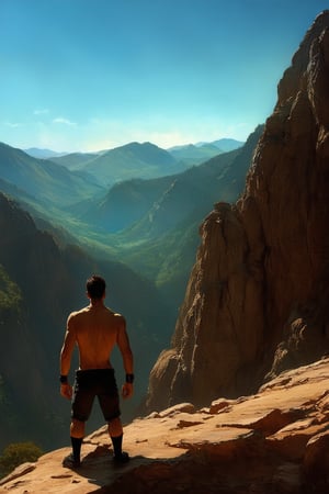 A majestic landscape of rugged mountains meets the sky, with Jero standing at the edge, gazing out into the distance. His strong features and piercing eyes are framed by the vast expanse of nature. Soft morning light casts a warm glow on his rugged terrain, emphasizing his determined posture as he surveys the vast territory before him.