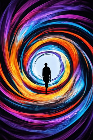 A surreal dreamscape unfolds: a vibrant, swirling vortex of colors and shapes dominates the frame, with wispy tendrils of purple fog curling around the edges. In the center, a lone figure floats amidst the chaos, eyes closed in serene contemplation as the kaleidoscope of hues and textures swirls around them.