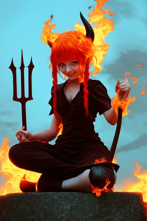 A fiery-haired girl, dressed in a miniature devil costume, sits cross-legged on a stone pedestal, her horns and pitchfork at the ready. She gazes directly into the camera with a mischievous grin, her bright red hair illuminated by a warm golden light.