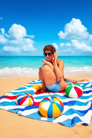 A warm sunny day, with a bright blue sky and fluffy white clouds drifting lazily across the frame. A carefree individual is lounging on a colorful beach towel, surrounded by beach balls and sunglasses. The lighting is soft and golden, casting a relaxed atmosphere. The subject's pose exudes tranquility, as they gaze out at the serene ocean waves gently lapping at the shore.