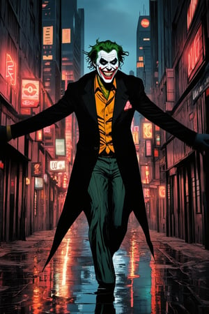 A dark alleyway in a gritty metropolis at dusk. The Joker's maniacal grin illuminates his face as he cackles with glee. He's surrounded by the city's neon lights reflecting off wet pavement, casting an eerie glow. His arms are outstretched, embracing the chaos as he revels in the mayhem. DC Comics villain.