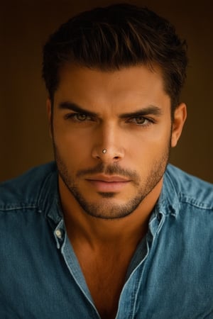 A close-up shot of Jero's rugged face, with a hint of stubble and piercing brown eyes. His strong jawline is set in a determined expression, as he gazes directly into the lens. The soft lighting casts a warm glow on his skin, with a shallow depth of field blurring the background. Jero's worn jeans and faded denim shirt exude a sense of rugged individualism, as if he's just stepped out of the wilderness.